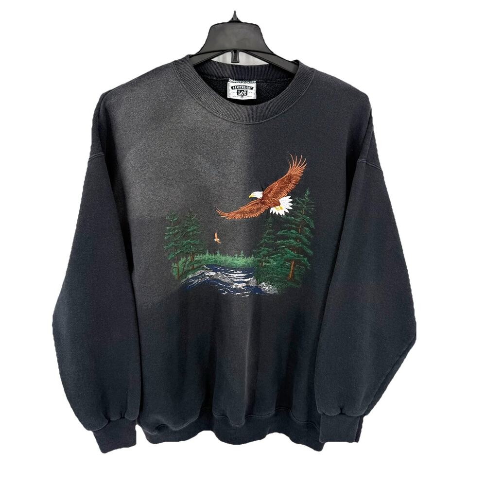 Lee Sport Black SUN-FADE Crewneck Sweatshirt XL USA Eagle Nature Graphic VTG 90s